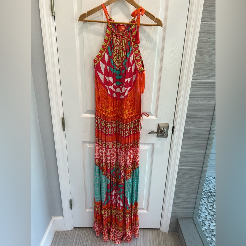 Hale Bob Orange & Teal Halter Patchwork Maxi Dress